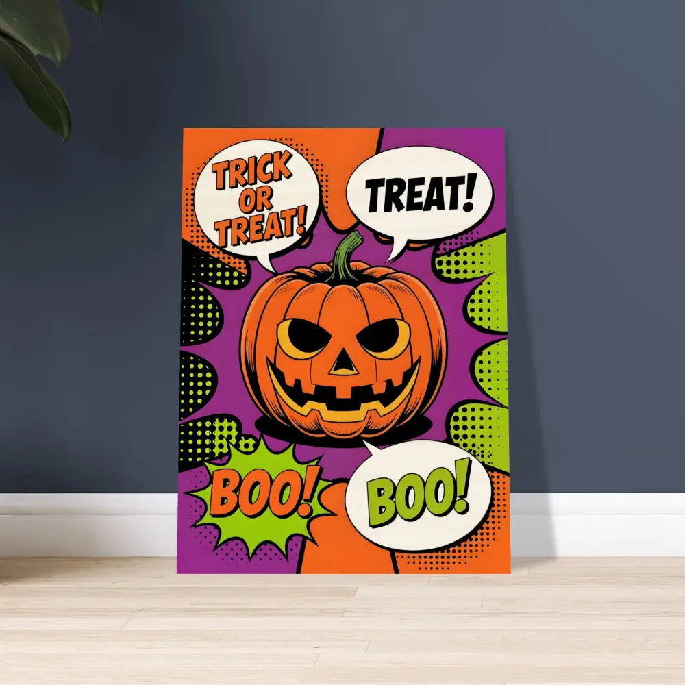 Halloween pop art canvas print featuring a rustic trick-or-treat pumpkin with a jack-o’-lantern