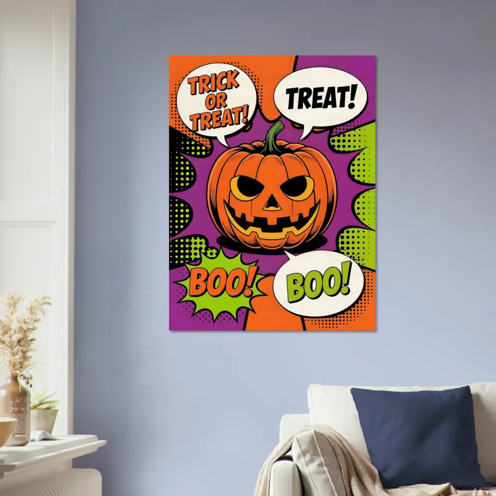 Halloween pop art canvas print featuring a rustic trick-or-treat pumpkin design