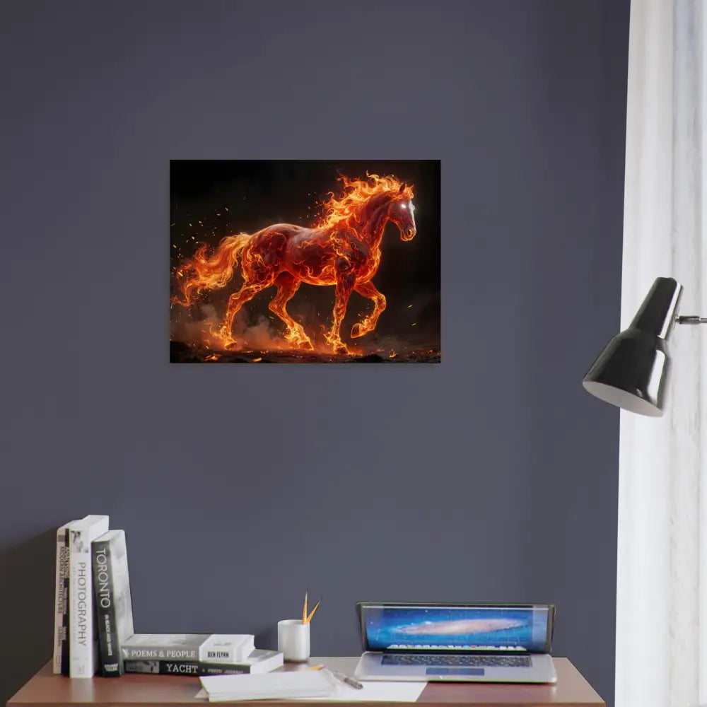 Inferno Stallion on Birch Wood print showcasing a fiery horse with a burning mane and tail