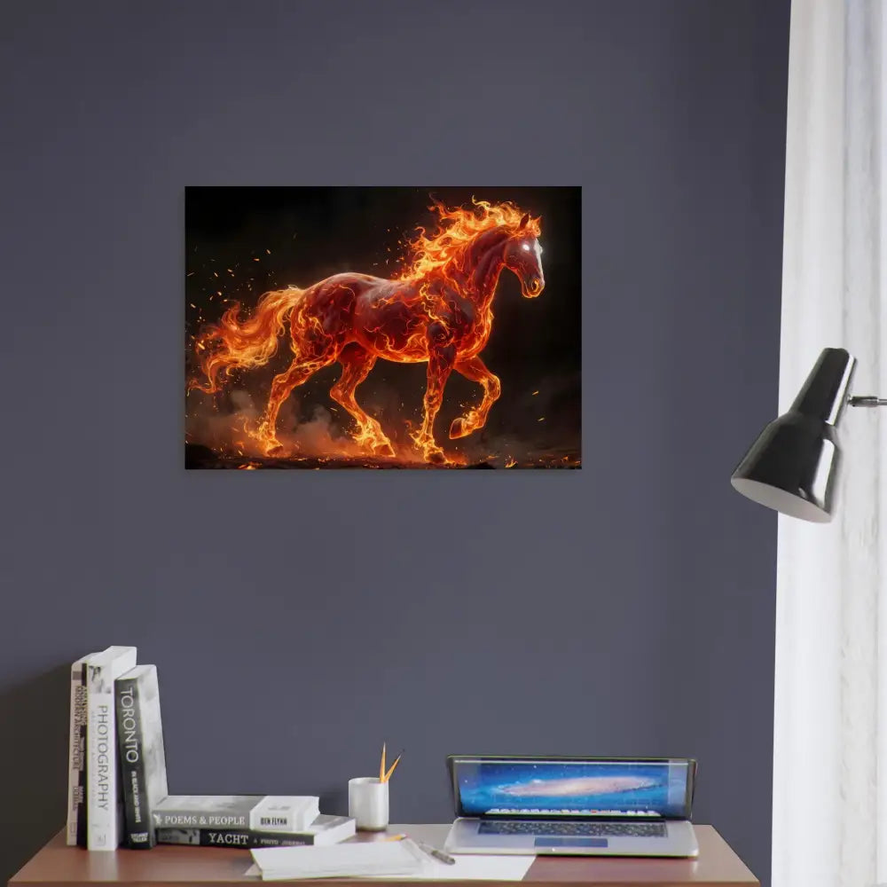 Vibrant fire horse canvas print on sustainable birch wood inferno stallion PixiOnyx