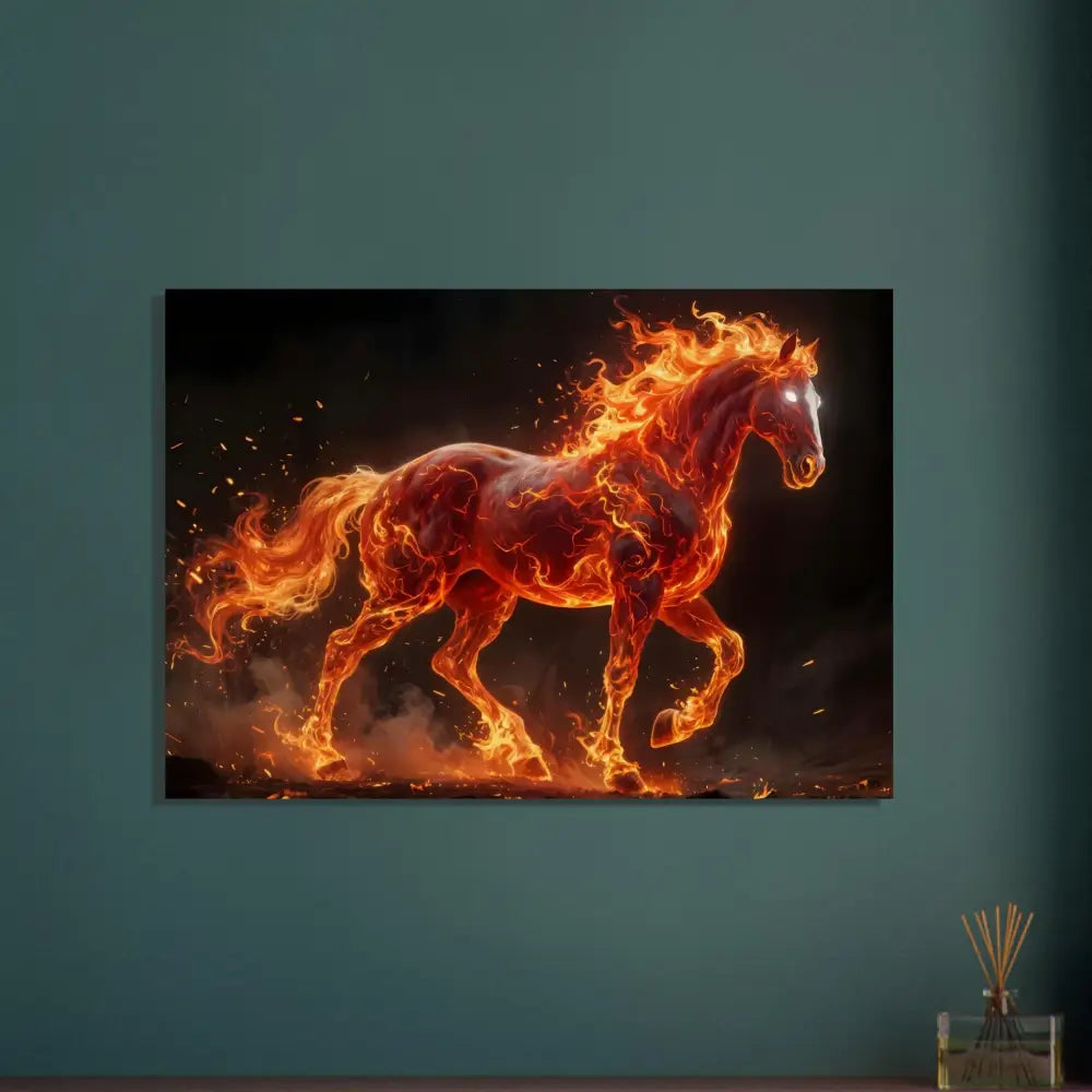 Vibrant Birch Wood Print of Inferno Stallion with fiery flames and glowing eyes
