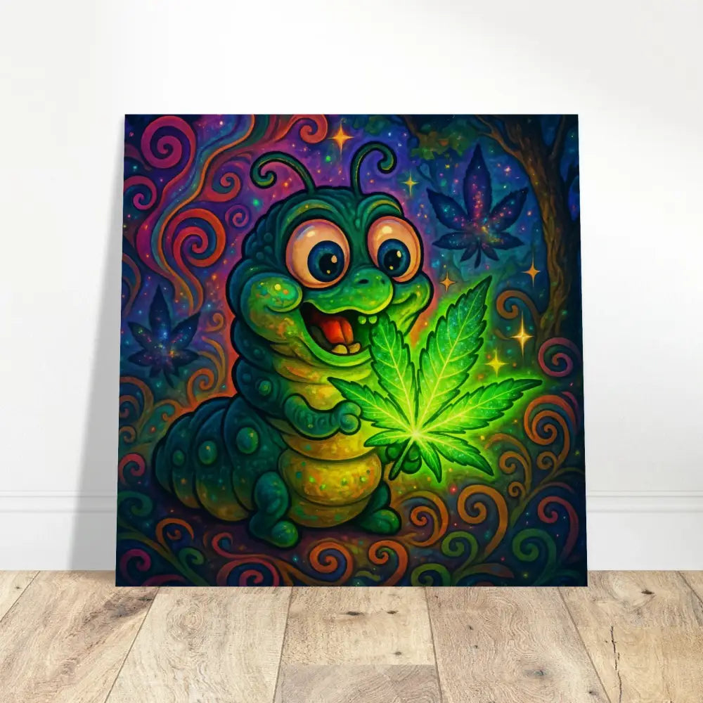 Cartoon caterpillar holding glowing cannabis leaf, Wood Print Leaf Me Alone Wall Art