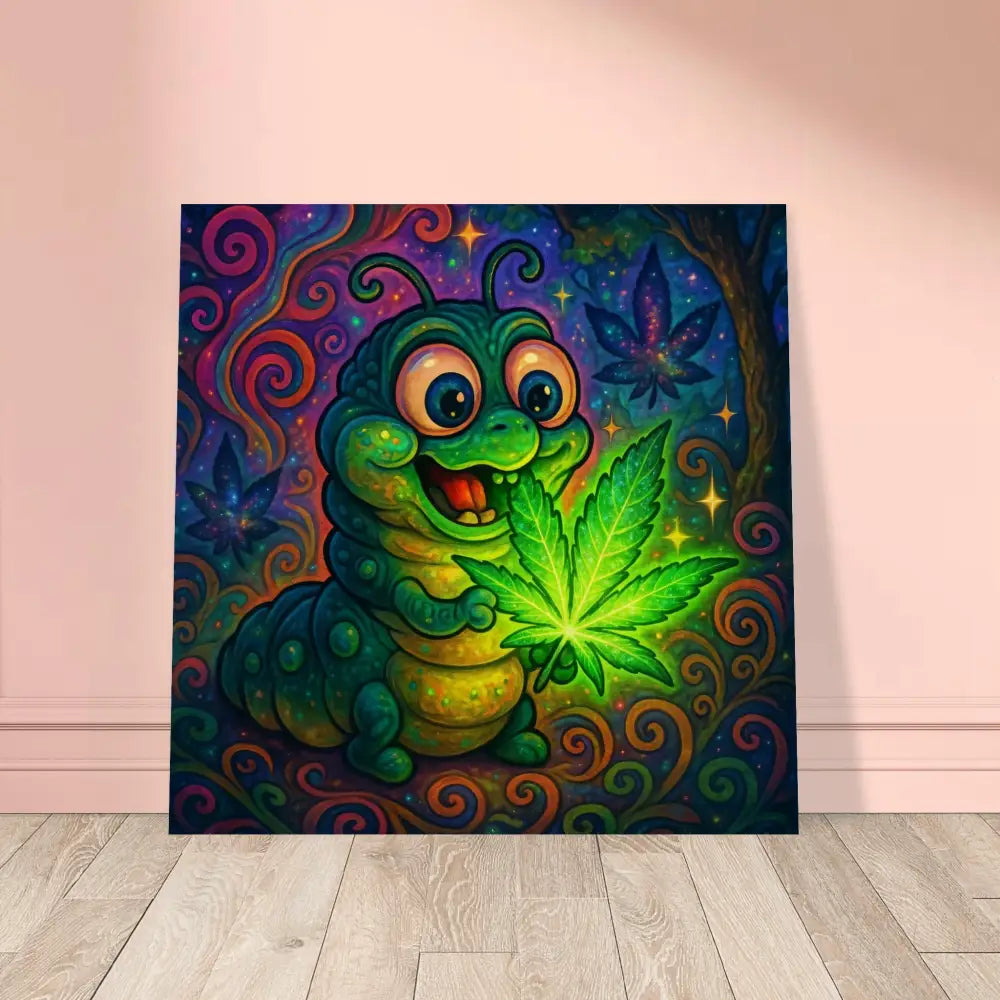 Cartoon caterpillar holding a glowing marijuana leaf on natural wood print wall art