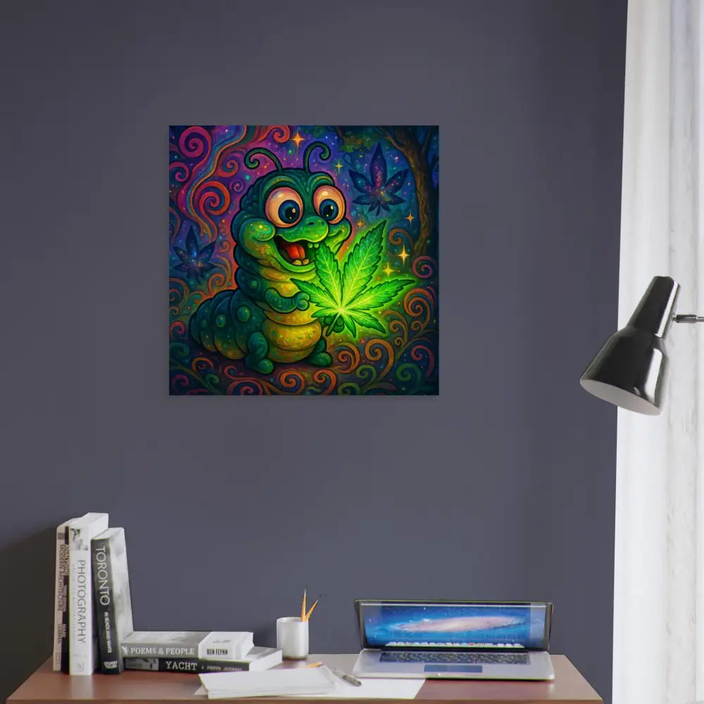 Cartoon caterpillar holding marijuana leaf on Wood Print Leaf Me Alone Vibin Wall Art