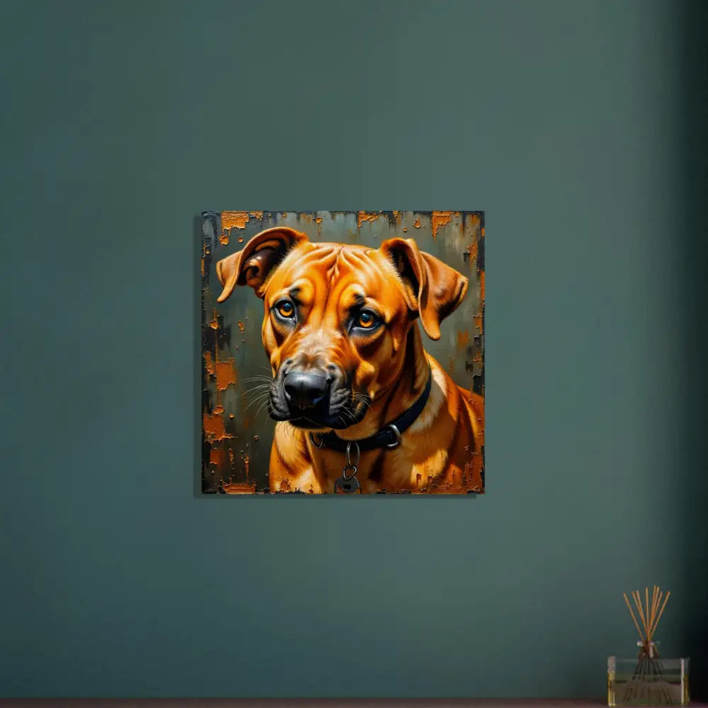Painting of a brown dog with a black collar showcasing loyal gaze on natural wood meets PixiOnyx Natural Fidelity Edition