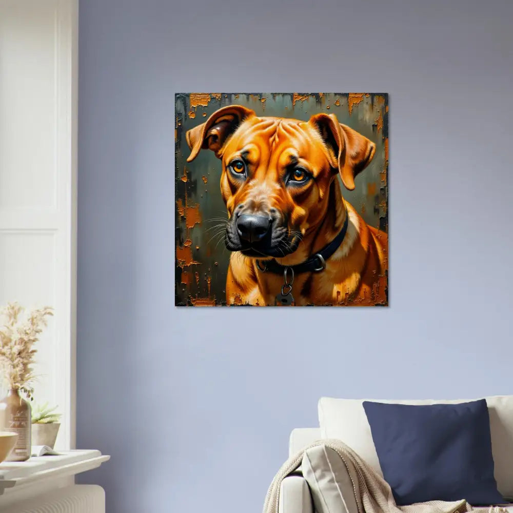 Painting of a brown dog with a black collar showcasing loyal gaze on PixiOnyx Natural Fidelity Edition wood print