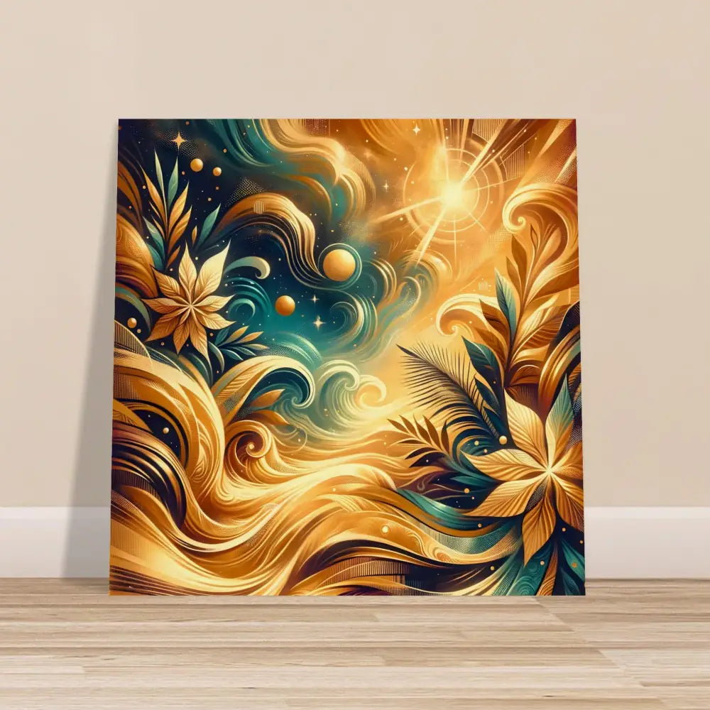 Abstract golden floral artwork on Wood Print Nebula Bloom Cascade by PixiOnyx