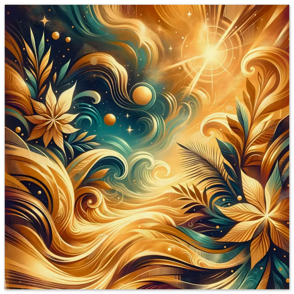 Abstract golden floral fantasy on Wood Print Nebula Bloom Cascade by PixiOnyx