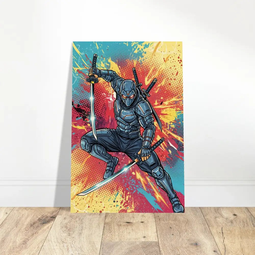 Vibrant comic-style ninja illustration on warm wood grain for PixiOnyx Pop Samurai series
