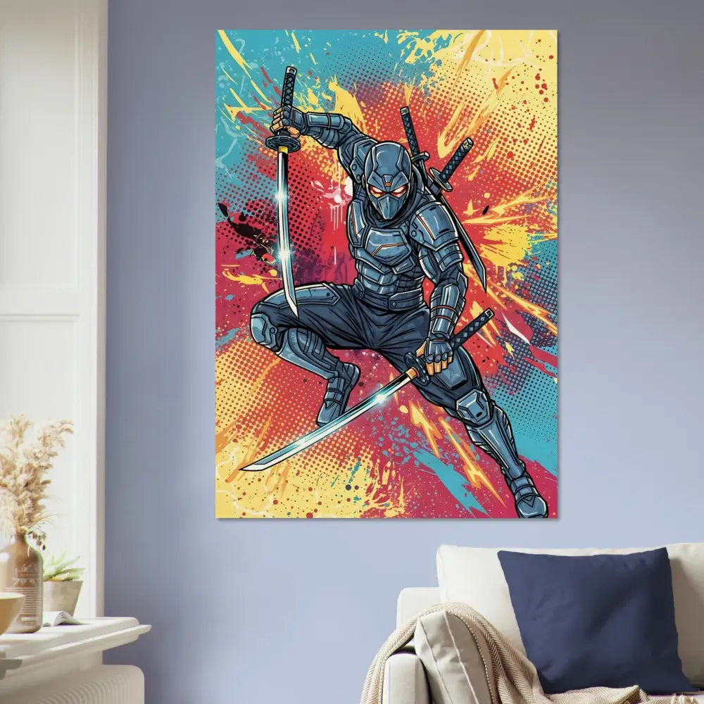 Vibrant pop-art style ninja illustration with two katanas on warm wood grain Wood Print PixiOnyx Pop Samurai series