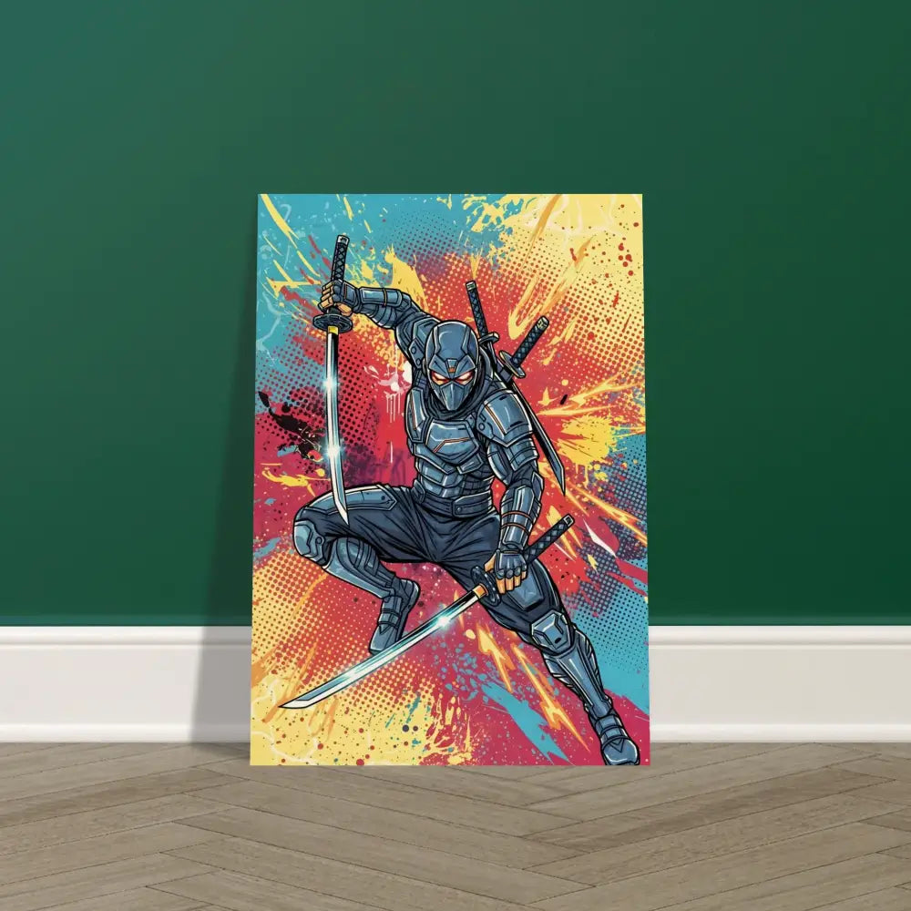 Vibrant ninja canvas print featuring fierce ninja leaps and warm wood grain in PixiOnyx Pop Samurai series