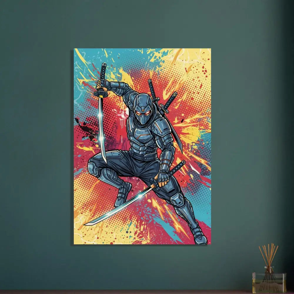 Dynamic comic book-style artwork of fierce ninja leaps with katanas on warm wood grain print