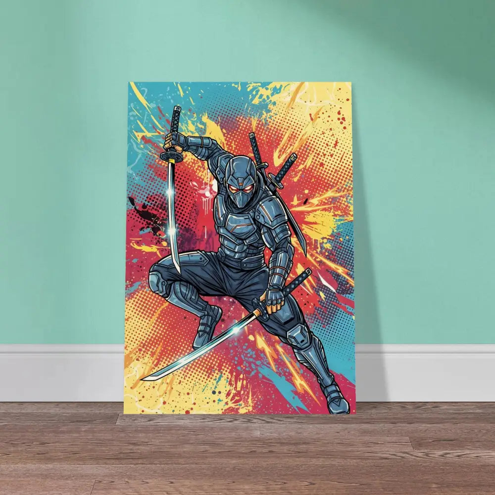 Vibrant ninja art print with fierce ninja leaps on warm wood grain in PixiOnyx Pop Samurai series