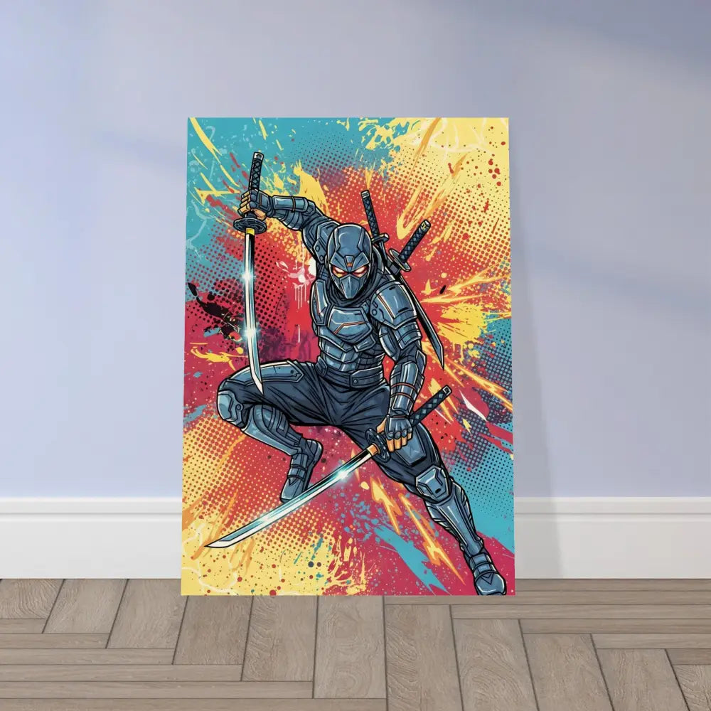 Vibrant wood print of a fierce ninja leaps with two swords in warm wood grain PixiOnyx Pop Samurai series
