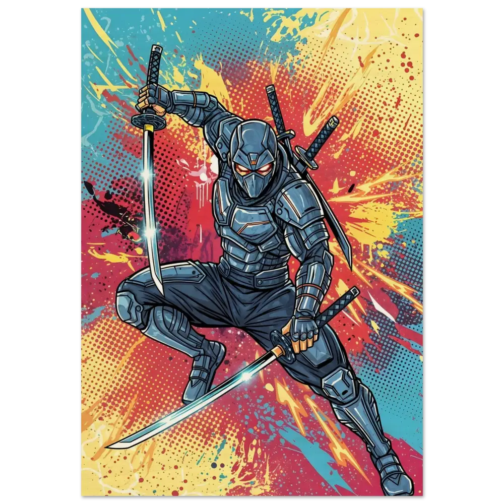 Fierce ninja leaps on warm wood grain with PixiOnyx Pop Samurai artwork print
