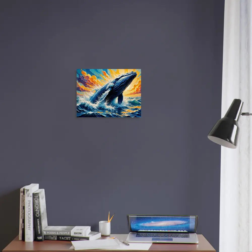 Wood print of a vibrant whale breaching in a stormy colorful ocean sea meets natural style