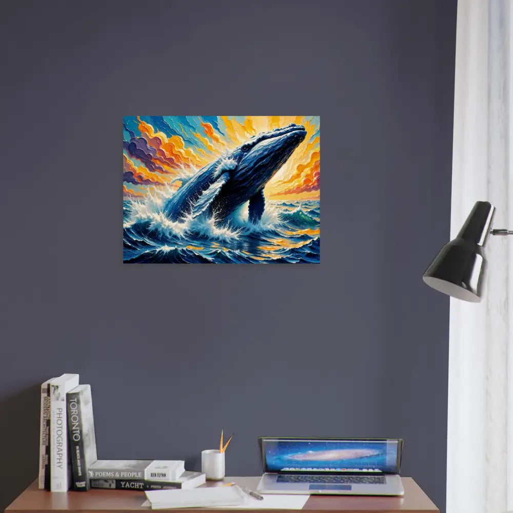 Vibrant wood print of a breaching whale showcasing flowing sea meets natural ocean art
