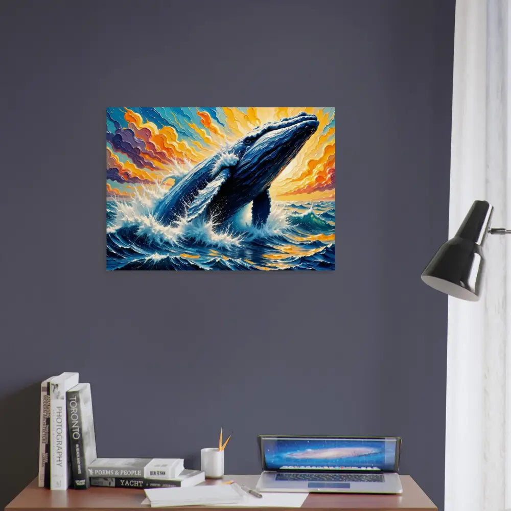 Wood print of a vibrant whale breaching in colorful stormy sea meets natural flowing sea meets