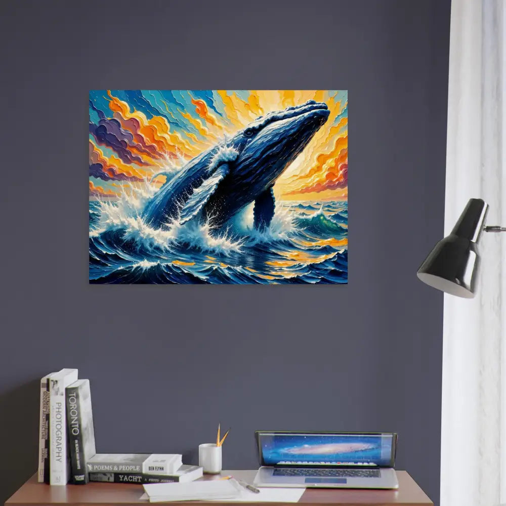 Vibrant oil painting wood print of a whale breaching in flowing sea meets natural ocean scene