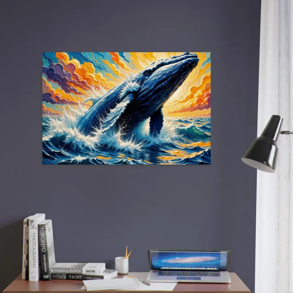 Vibrant wood print of a breaching whale showcasing flowing sea meets natural ocean scene