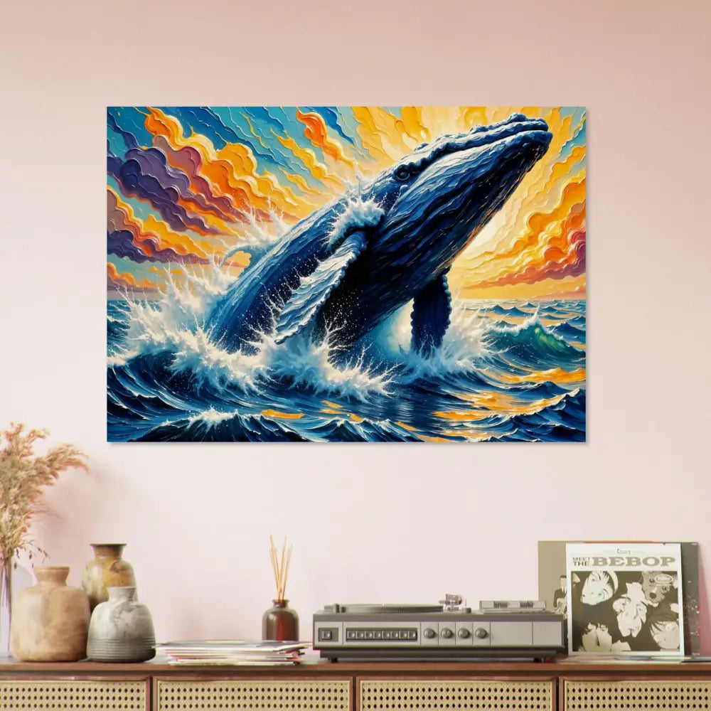 Wood print of a vibrant blue whale breaching as flowing sea meets natural ocean sky