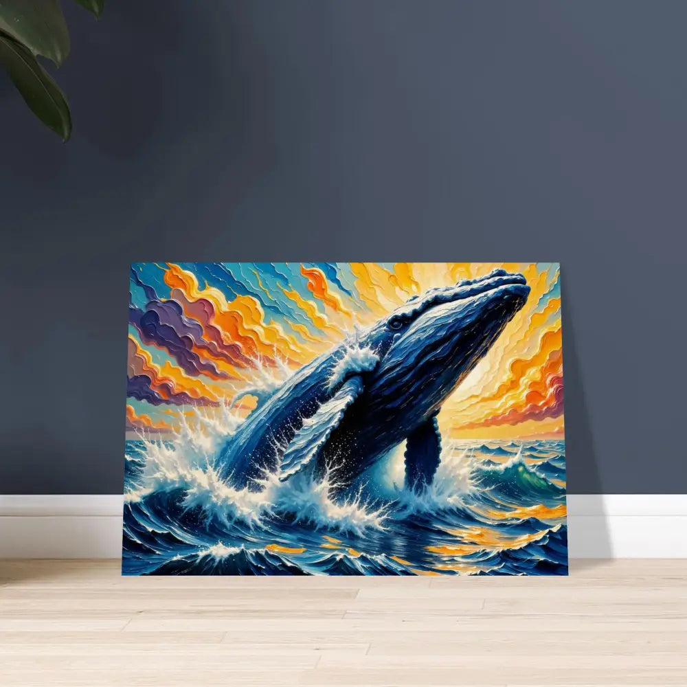 Wood print of a colorful whale breaching from vibrant blue waves under a sky with orange and purple clouds