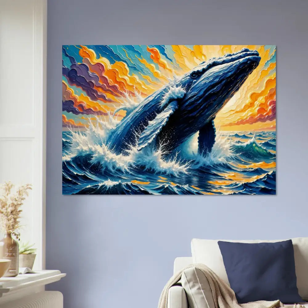 Vibrant wood print of a whale breaching from flowing sea meets natural ocean scene