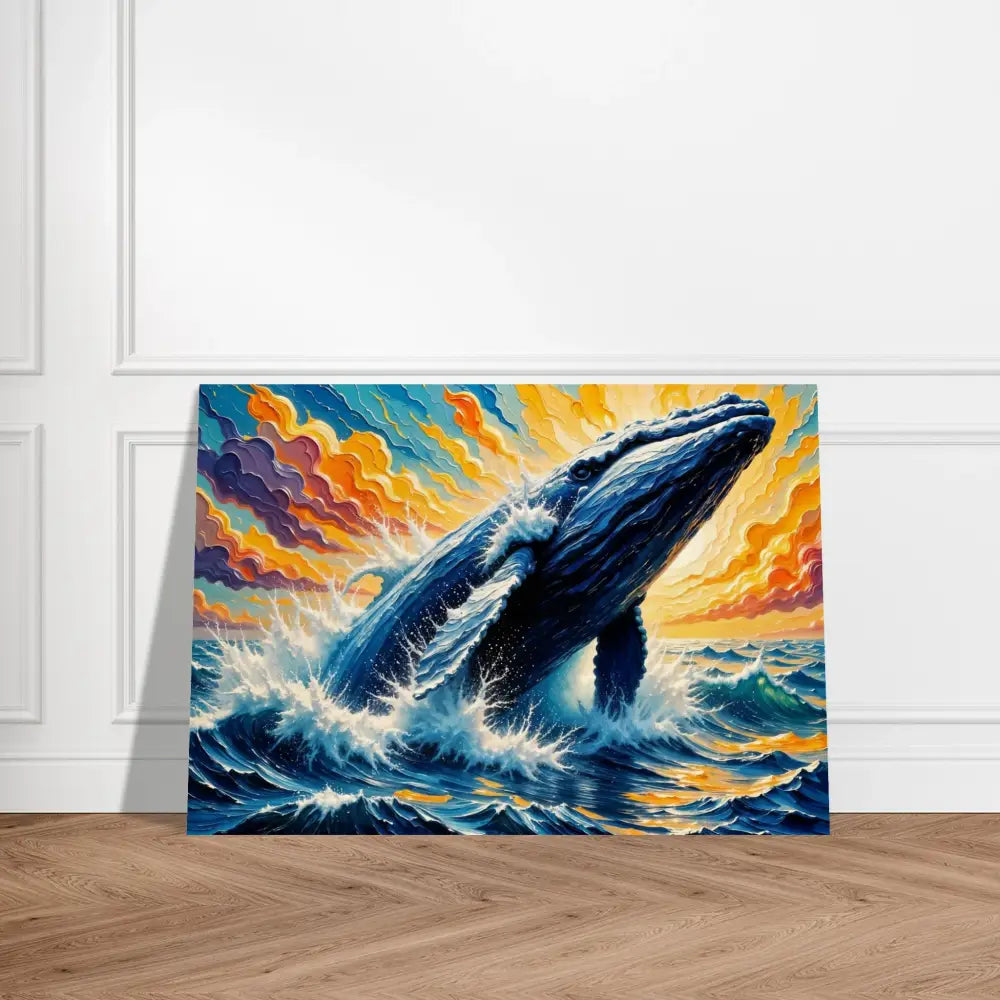 Vibrant impressionistic wood print of a breaching whale with flowing sea meets natural theme