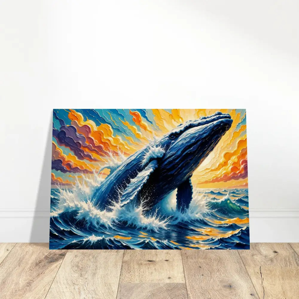 Vibrant oil painting wood print of a whale breaching from flowing sea meets natural waves