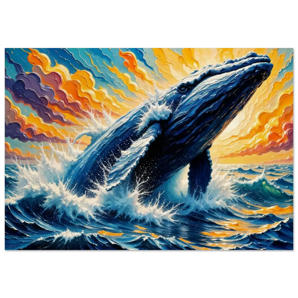 Wood print of Blue whale breaching in vibrant flowing sea meets natural ocean scene