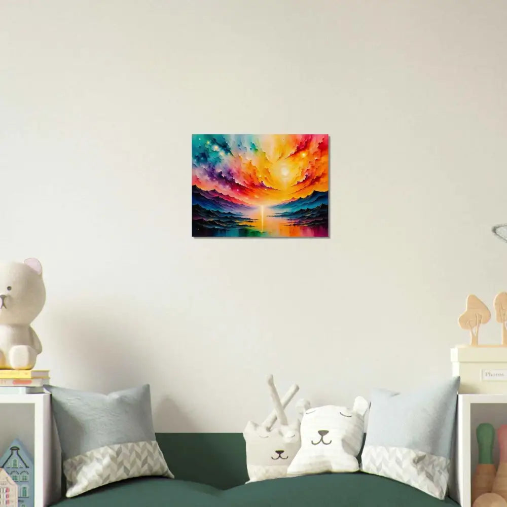 Discover radiant horizon: colorful landscape painting with sunset reflecting on water