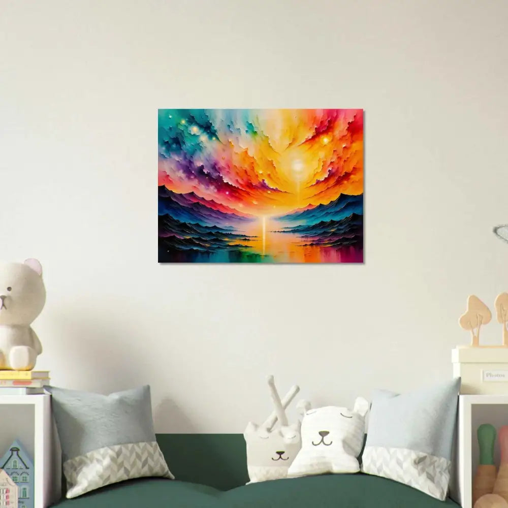 Discover radiant horizon in this vibrant landscape painting on Wood Print – Radiant Horizon | PixiOnyx Natural Dreamscape