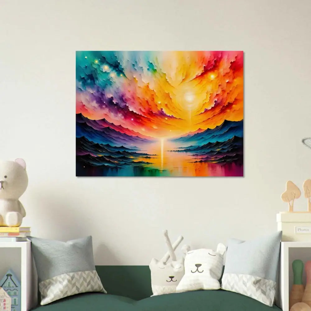Discover Radiant Horizon Wood Print featuring vibrant sunset landscape artwork