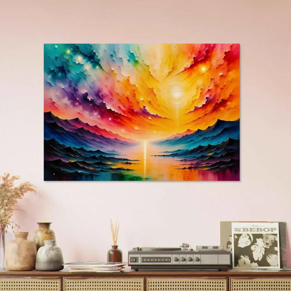 Discover Radiant Horizon reborn with this vibrant abstract landscape wood print