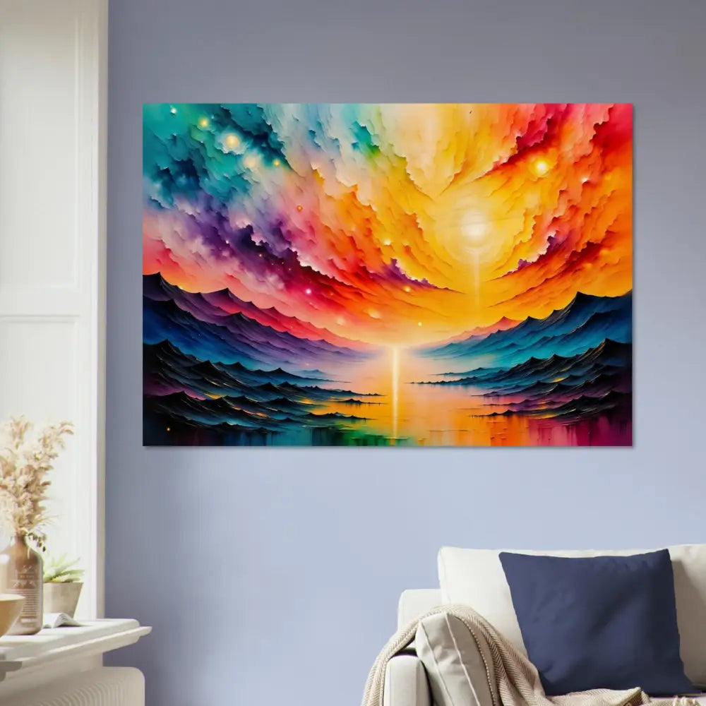 Vibrant colorful painting of a fantastical landscape with reflective water in Radiant Horizon reborn Wood Print