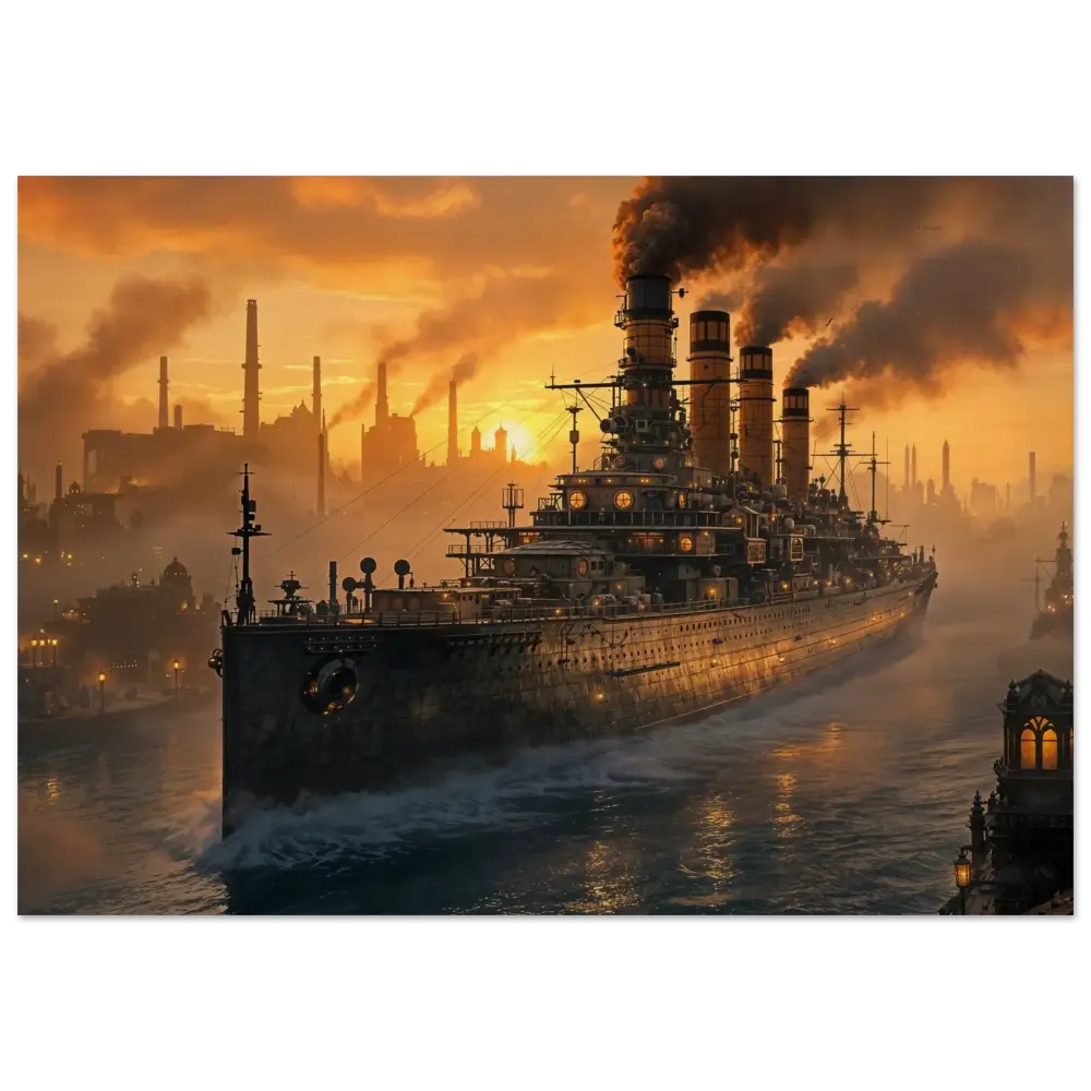 Steel Leviathan battleship meets wood in PixiOnyx Burntgrain Relic wood print at Dusk