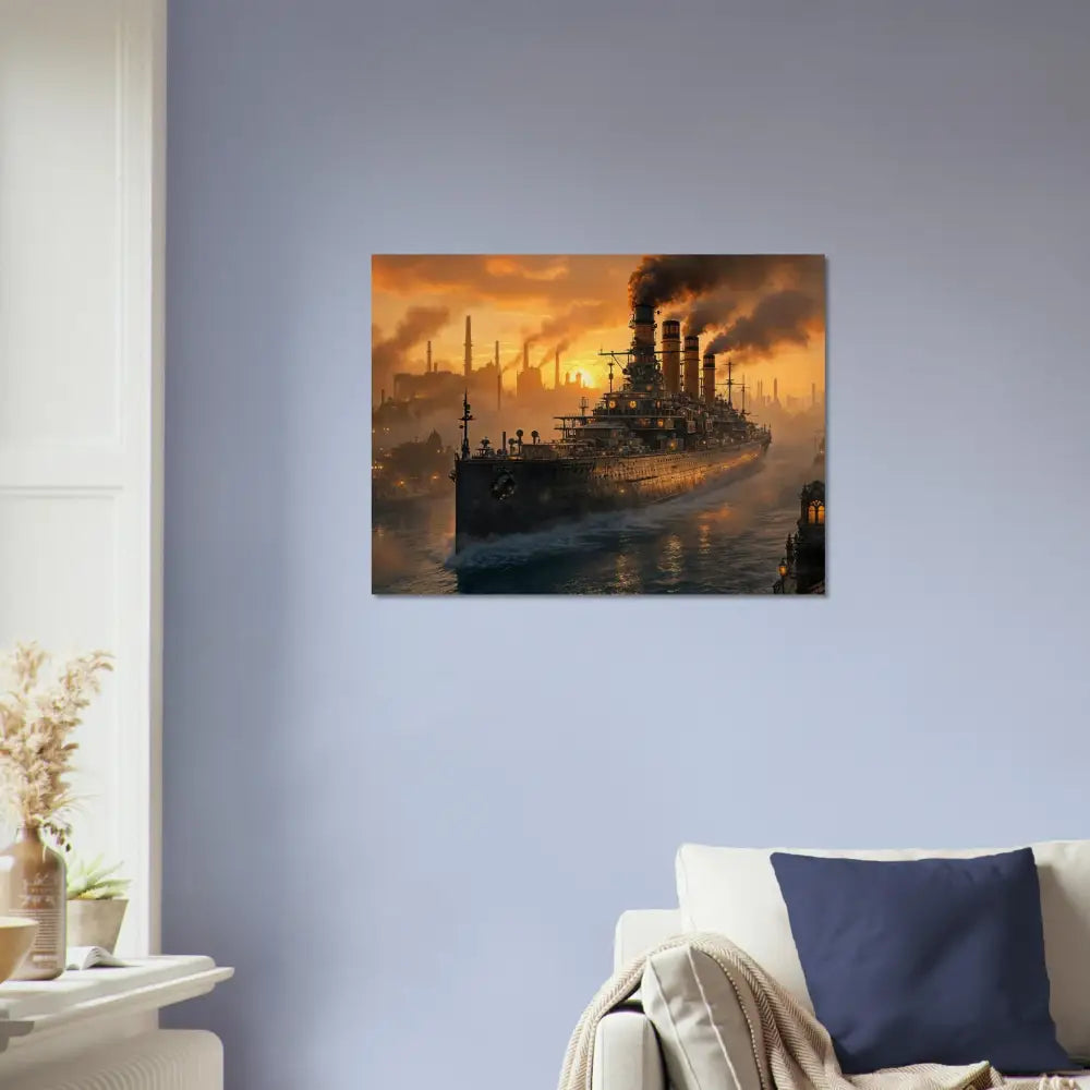 Canvas print of Steel Leviathan at sunset in industrial harbor meets Wood PixiOnyx Burntgrain Relic