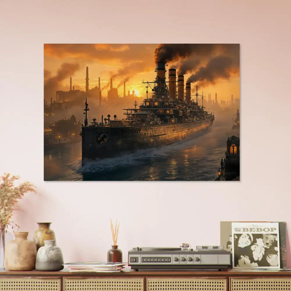 Framed wood print of Steel Leviathan battleship in smoky harbor at sunset PixiOnyx Burntgrain Relic