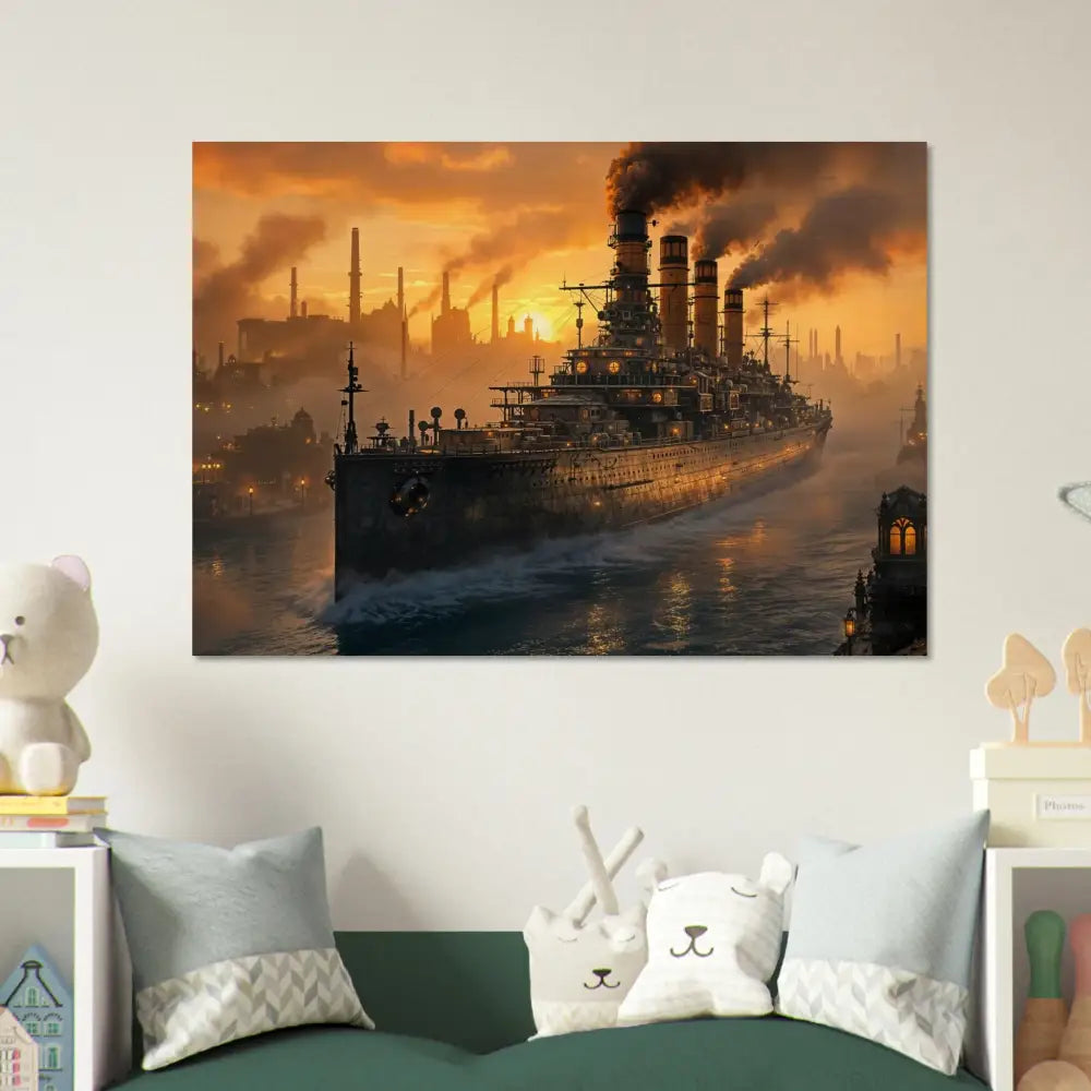 Wood Print Steel Leviathan meets PixiOnyx Burntgrain Relic at sunset on river scene