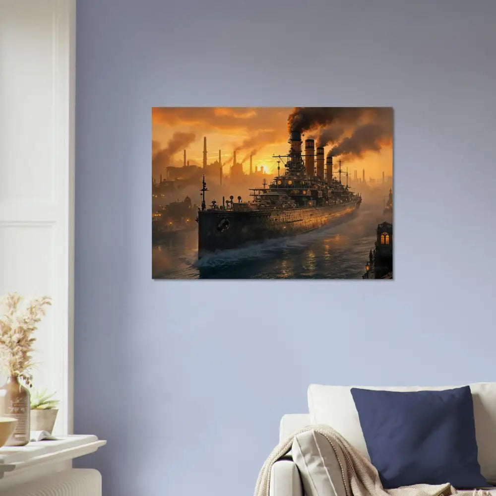 Steel Leviathan meets wood in a PixiOnyx Burntgrain Relic canvas print of a steampunk battleship at sunset