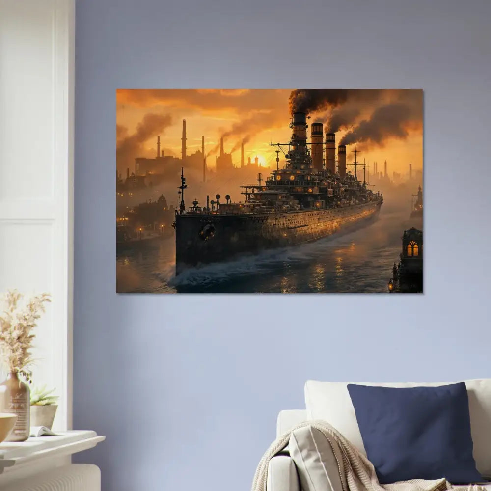 Wood print of Steel Leviathan battleship at sunset in PixiOnyx Burntgrain Relic style
