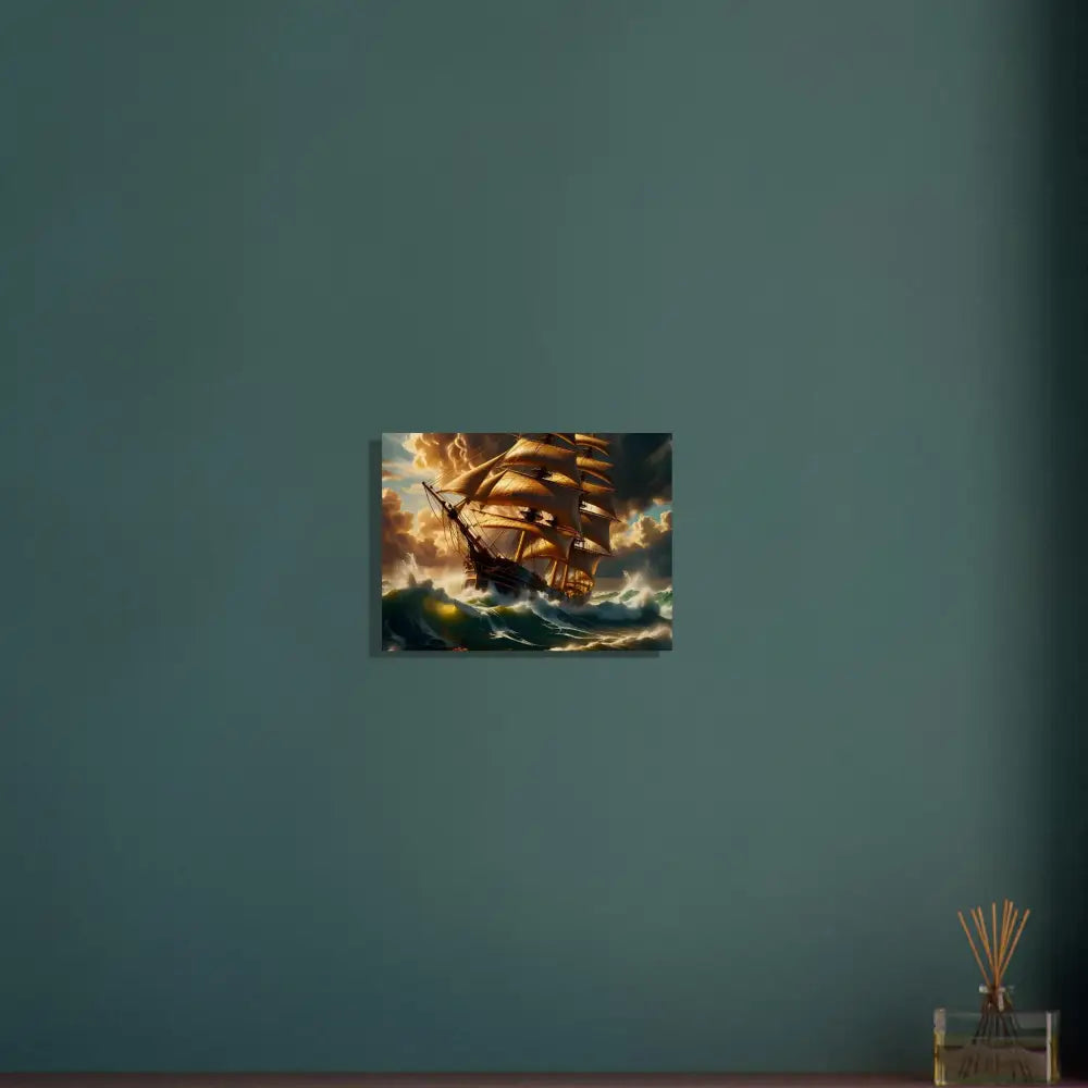 Framed ship painting from the Wood Print Tempestbound Sovereign PixiOnyx Driftwood series