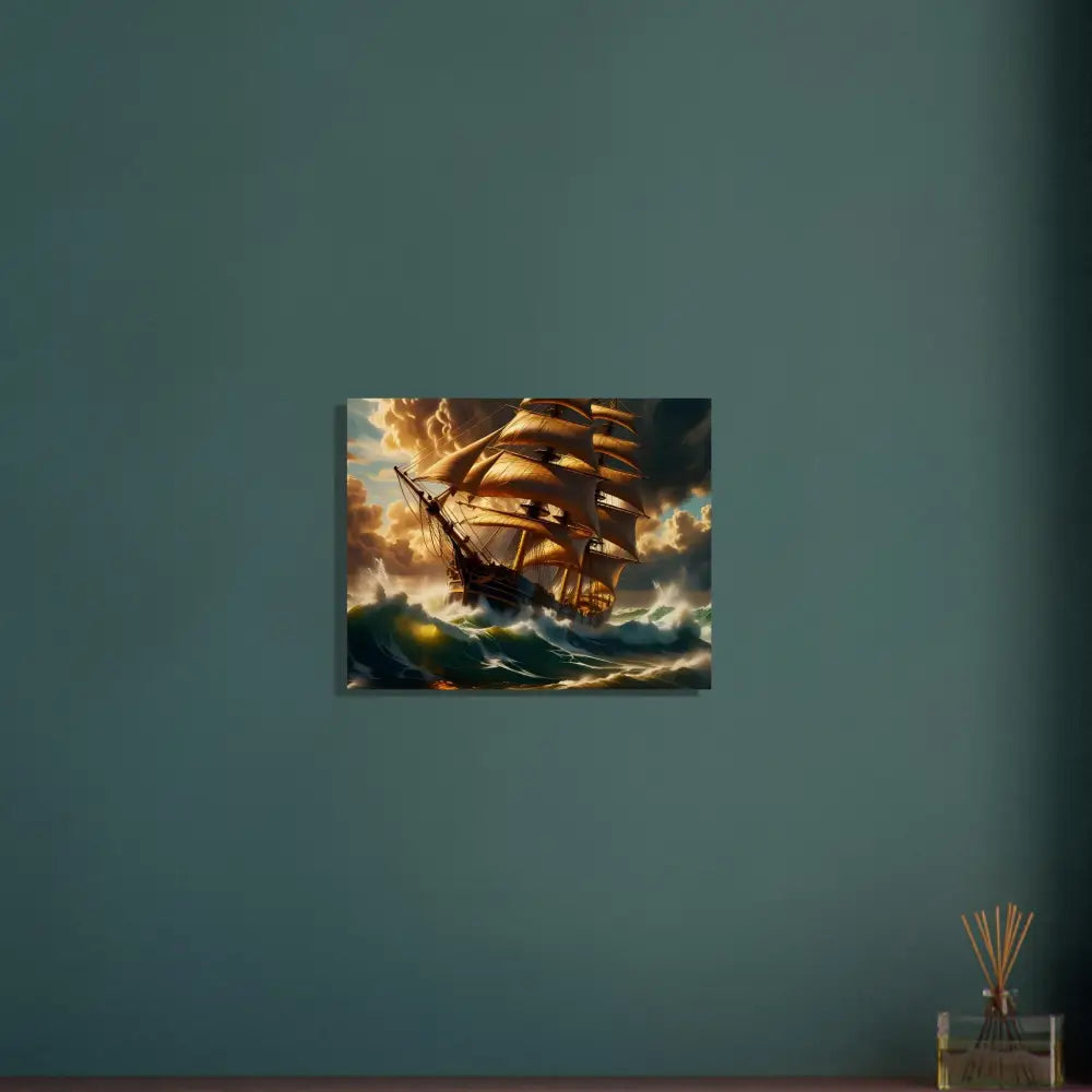 Stormy seas with sailing ship painting on wood print from Tempestbound Sovereign series