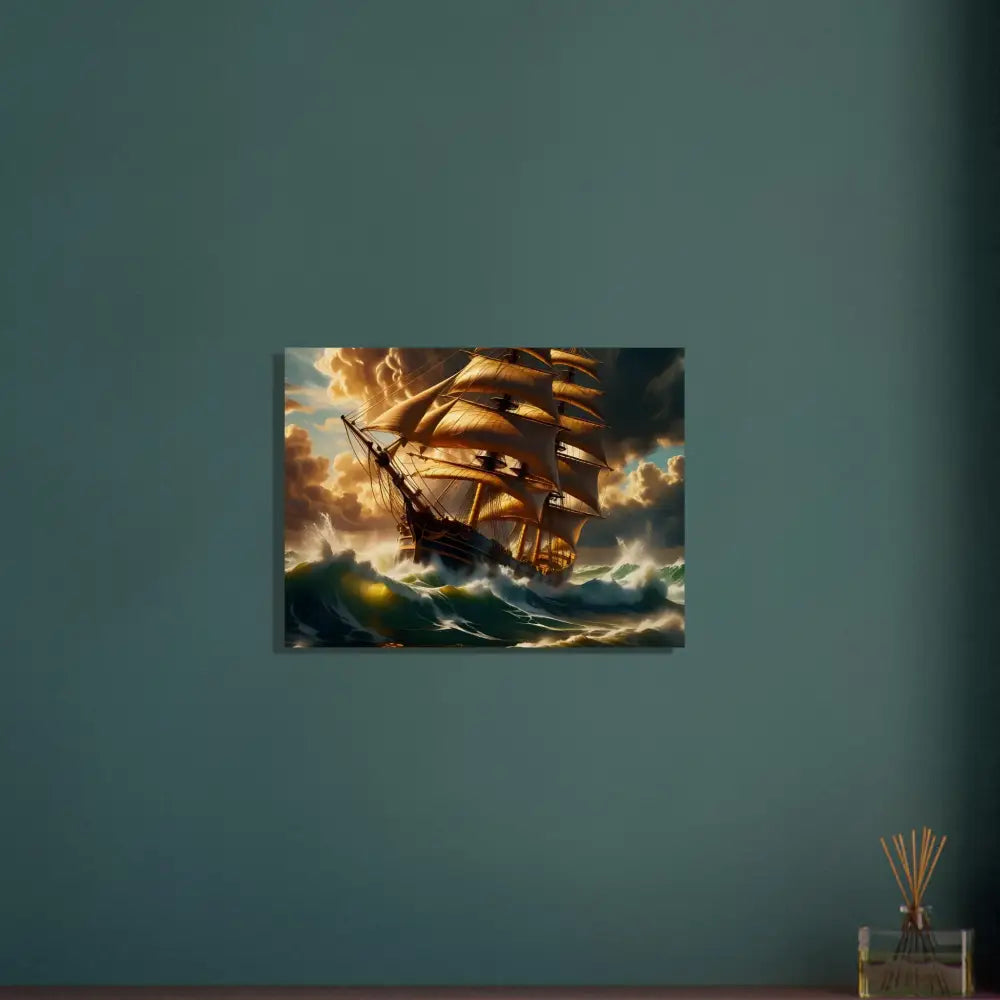 Dramatic sailing ship painting on Wood Print Tempestbound Sovereign PixiOnyx Driftwood Series