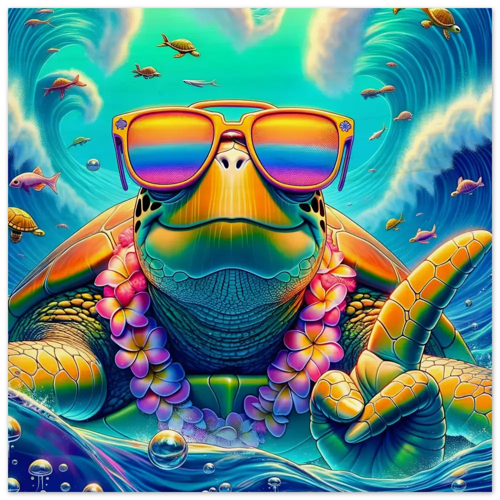 Cool turtle wearing sunglasses and lei on Wood Print Turtle-y Misunderstood Bro PixiOnyx