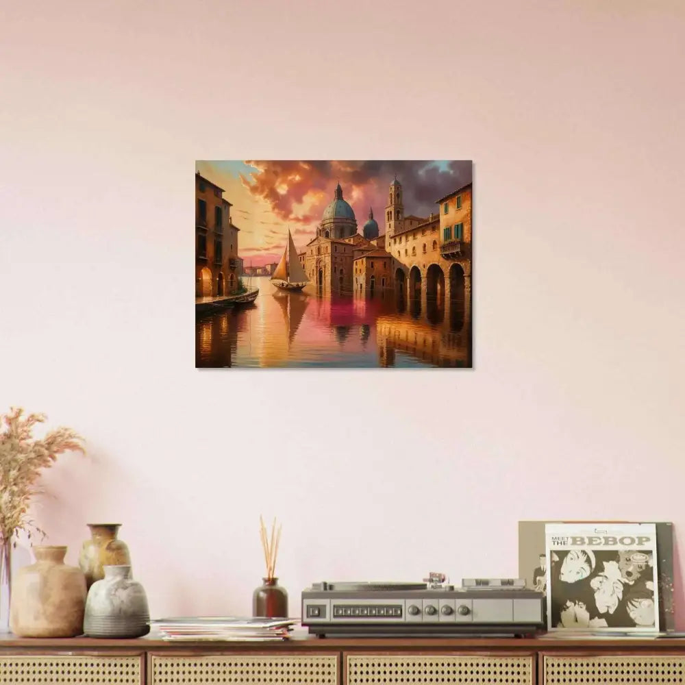Vibrant Venetian Reverie painting on natural wood showcasing a European canal city at sunset