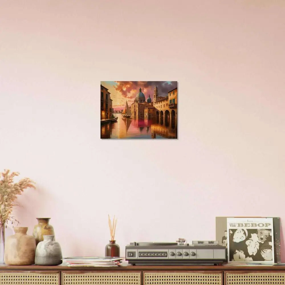 Colorful Venetian Reverie painting of a European canal city on natural wood print