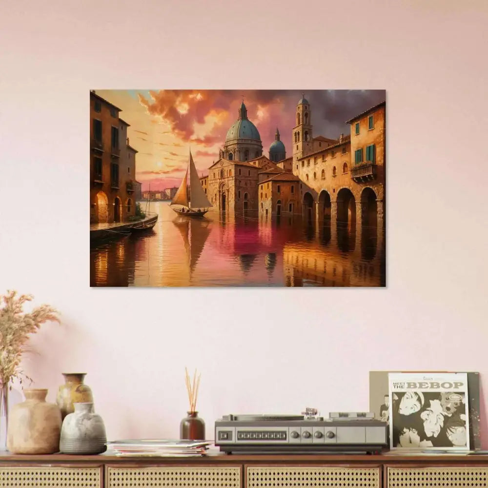 Colorful Venetian Reverie painting on natural wood print of European canal city at sunset