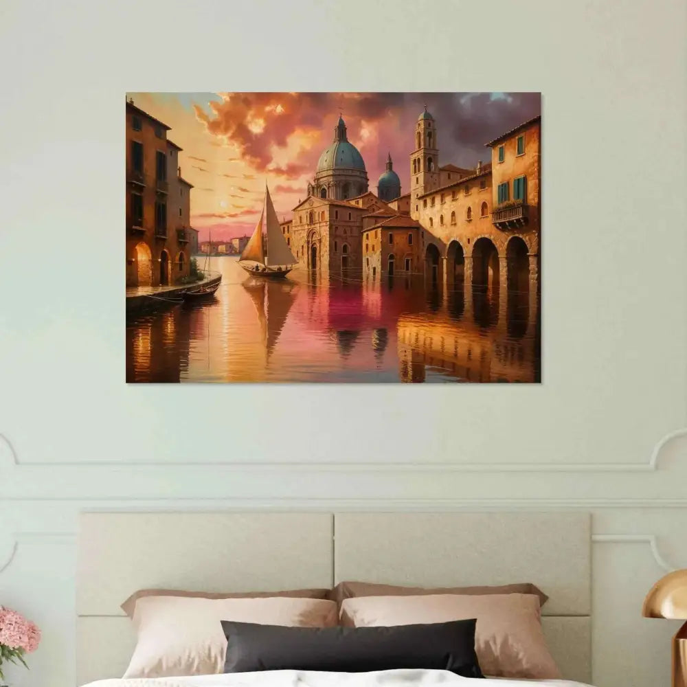 Vibrant Venetian Reverie painting on natural wood showcasing a sunset canal city scene
