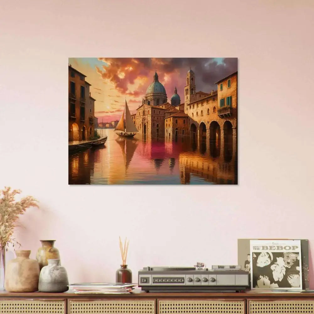 Vibrant landscape painting of a European canal city at sunset in Venetian Reverie Wood Print